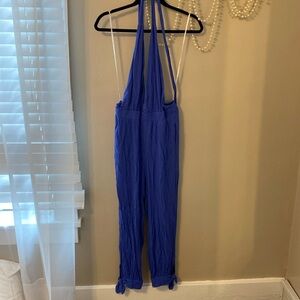 Blue halter backless jumpsuit